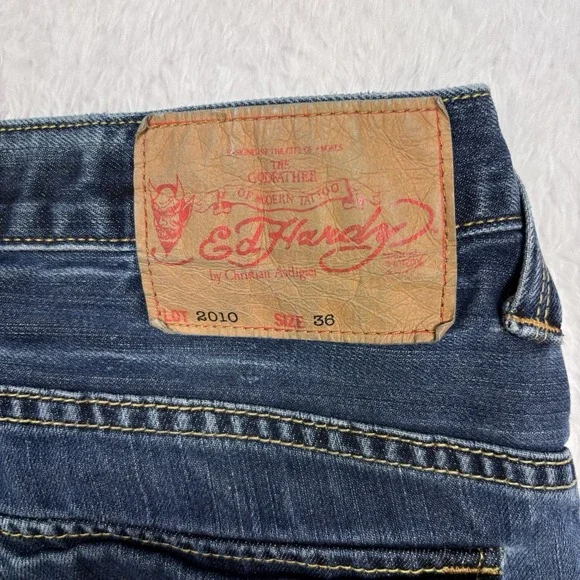 Ed Hardy Jeans Mens 36x32 Blue Distressed Splatter Straight Flap Pockets Whisker - Picture 8 of 16